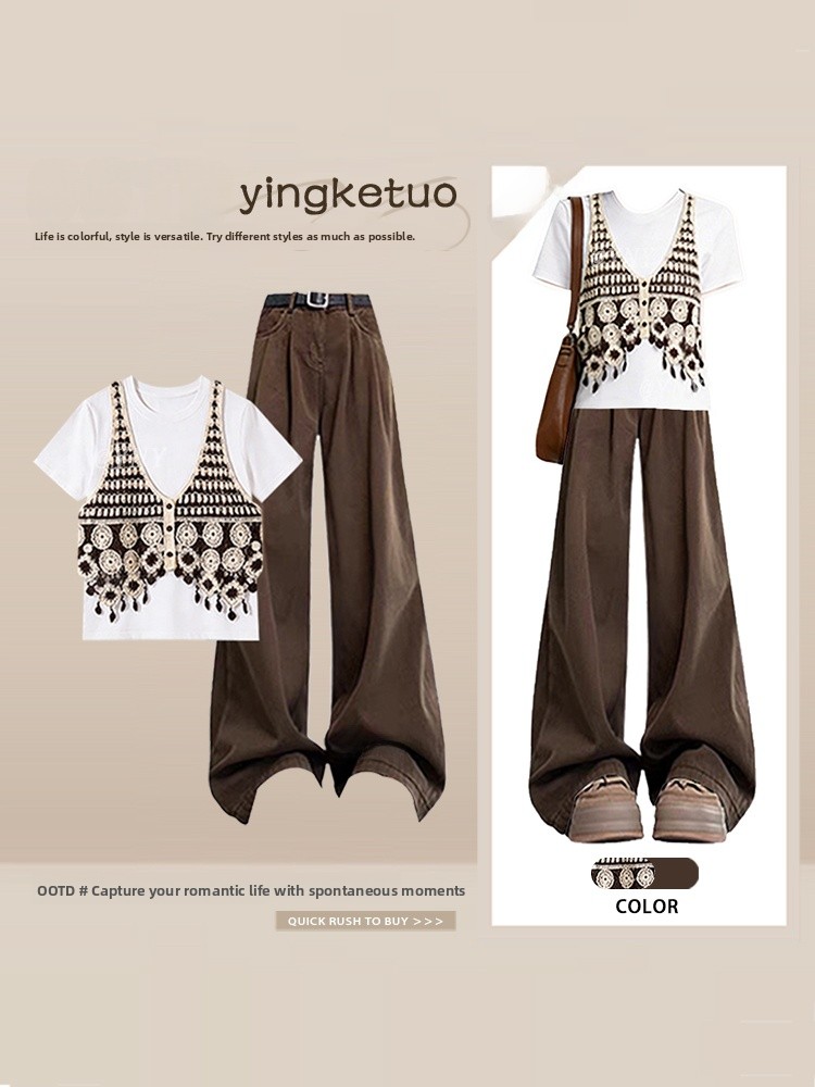 Base Layer Top - Retro Knitted Women's Set Summer Layered