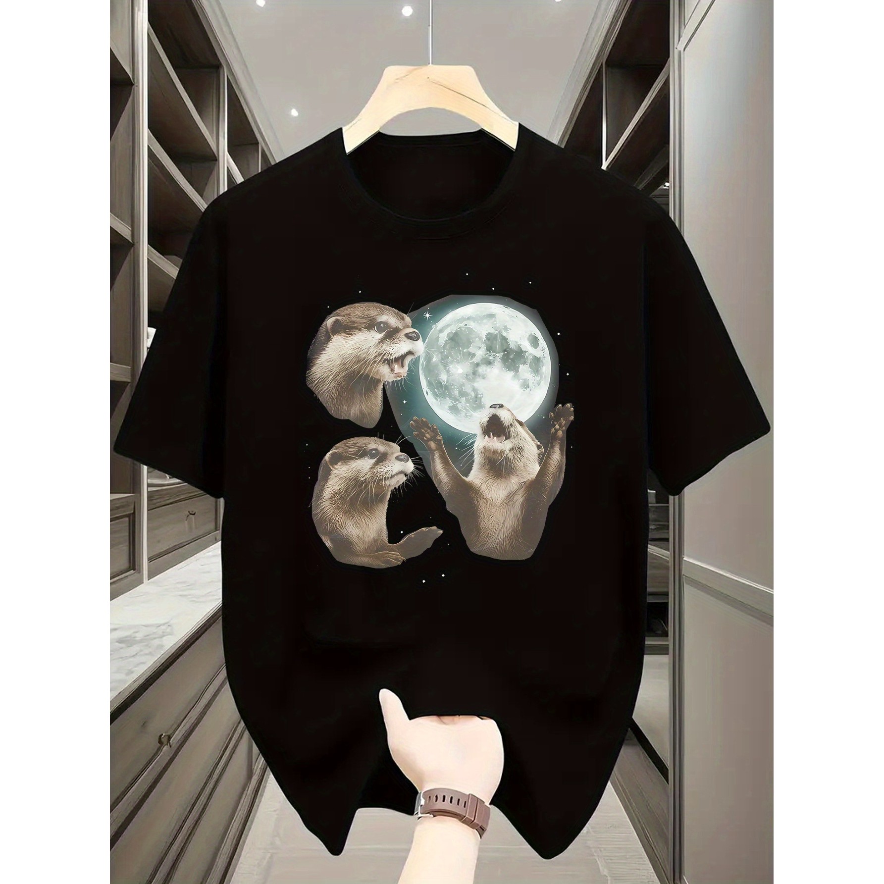 Undershirt Crew Neck - Playful Otters Under Moonlight Graphic Tee