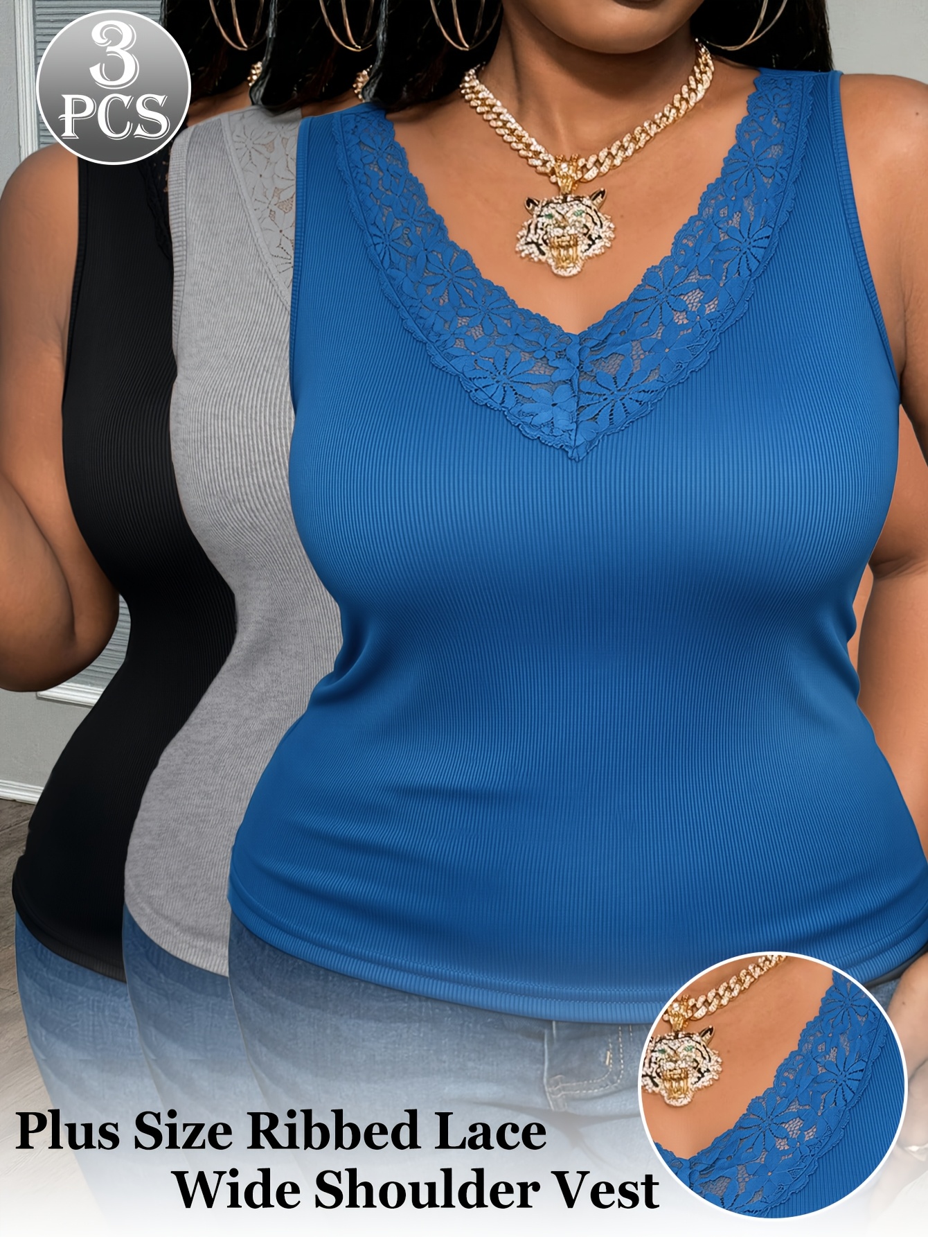 Sleeveless Undershirt - 3-Pack Plus Size Lace V-Neck Vests,