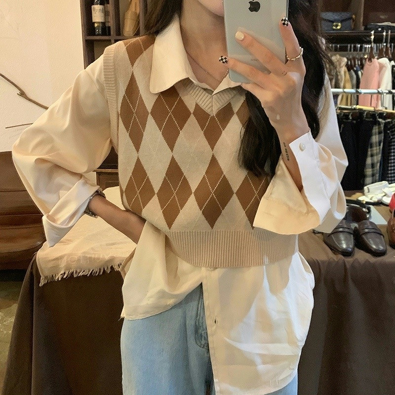 Tank Top Ribbed - Autumn Fashion Female Vintage Plaid Sweater