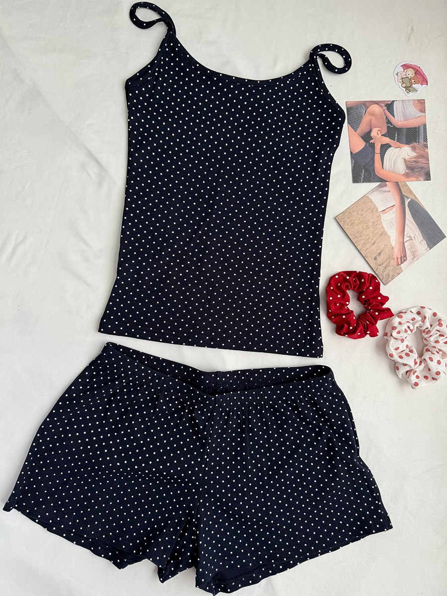 Tank Top Ribbed - Navy Dot Ribbed Shorts Sets Women