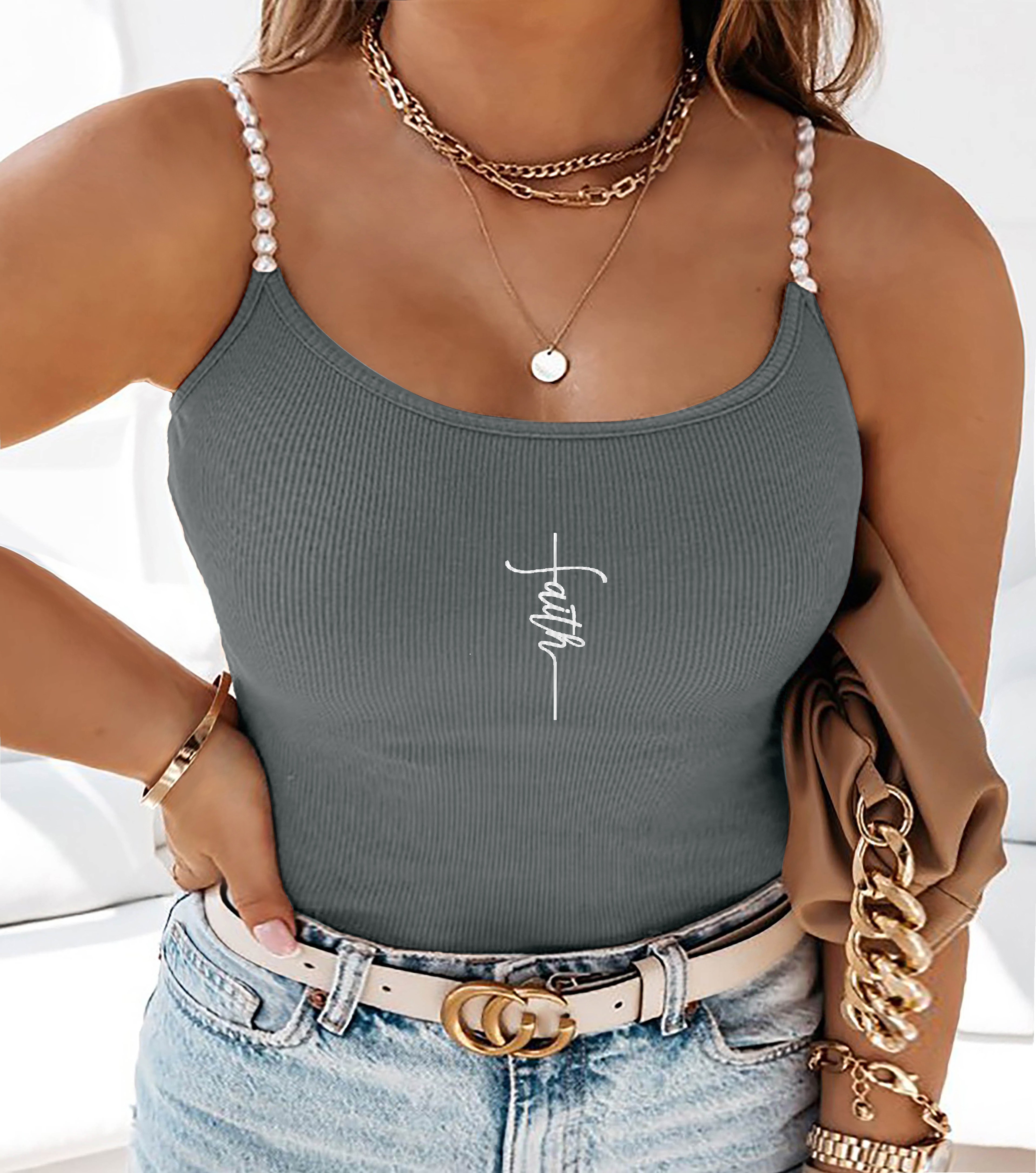 Tank Top Ribbed - Plus Size Square Neck Pearl Strap
